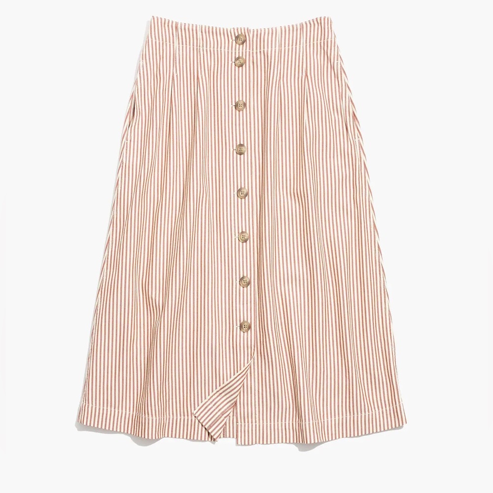 Madewell Cream and Red Striped Button-Front Midi Skirt